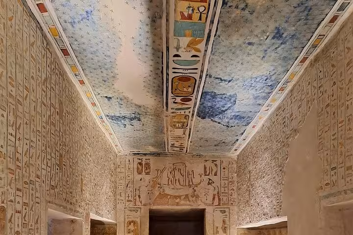 Explore the intricate hieroglyphics and celestial ceiling art in Luxor's West Bank tombs on a private full-day tour.