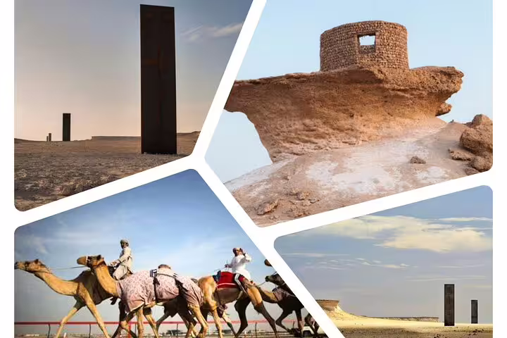 Collage featuring Richard Serra sculpture, Mushroom Rock, and camel riders in Zekreet, showcasing West Coast tour highlights.