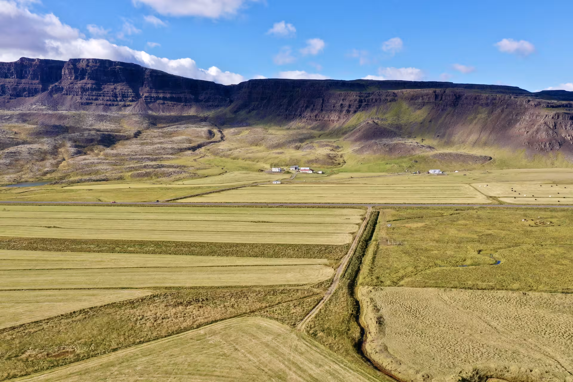 Aerial view of green farmland fields with dramatic flat-top cliffs in West Iceland under blue sky