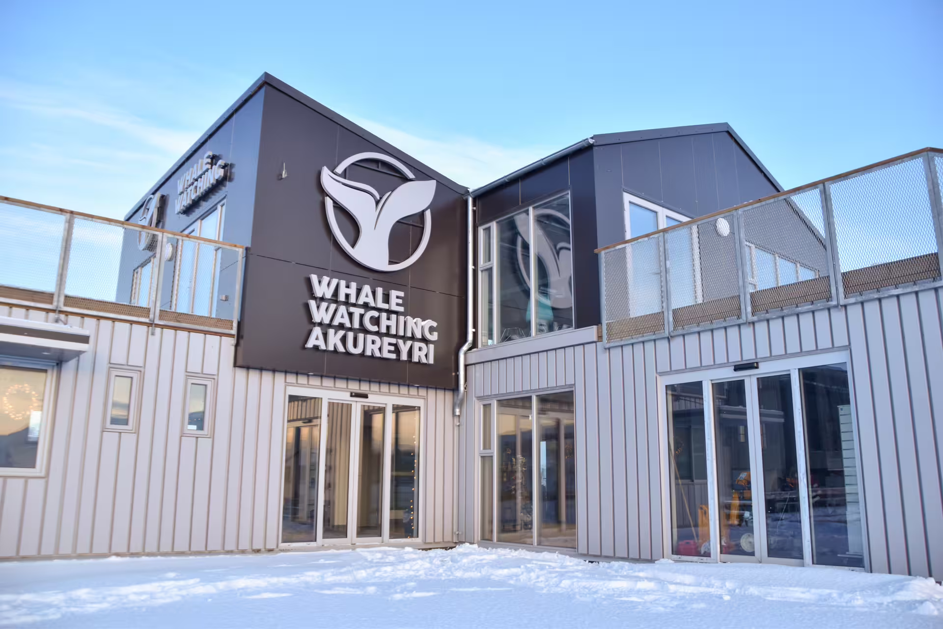 Whale Watching Akureyri tour operator building exterior in winter snow