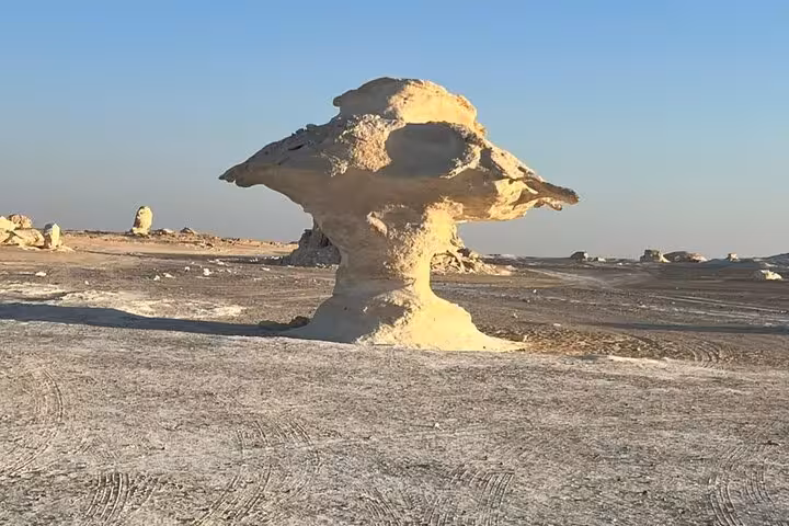 White Desert mushroom rock formation in Egypt at sunset, iconic view on a private 2-day desert camping trip