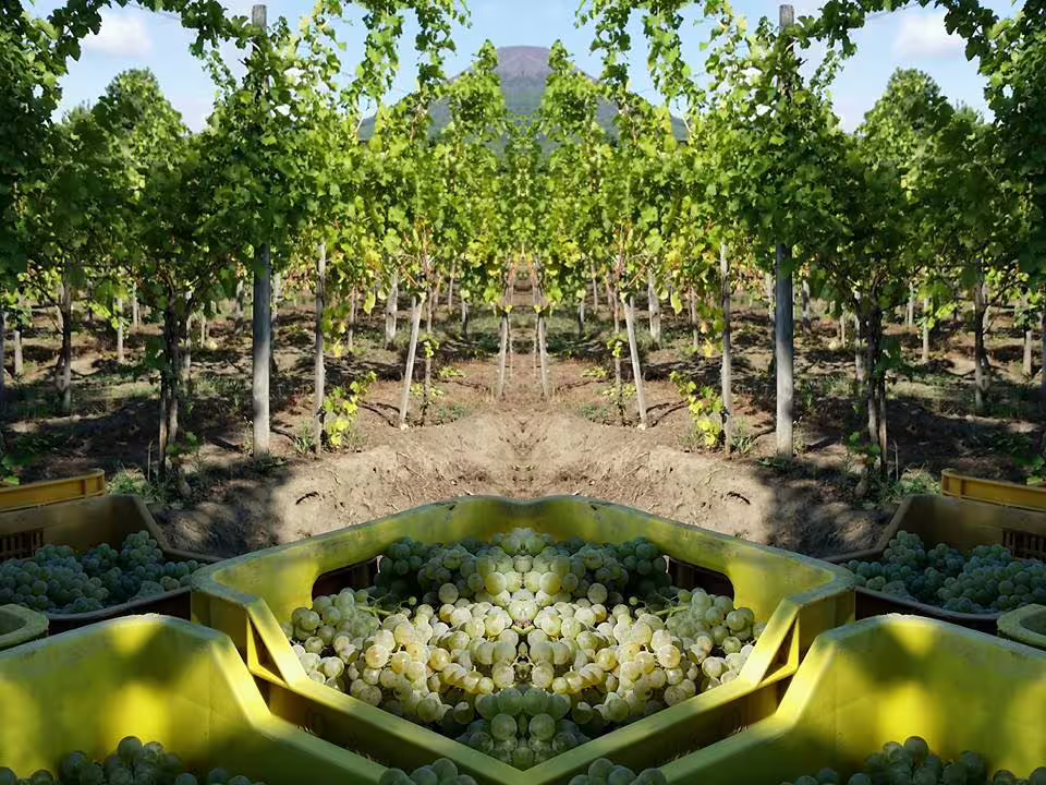 Freshly harvested white grapes in yellow crates sit between vineyard rows at the educational farm beneath Mount Vesuvius