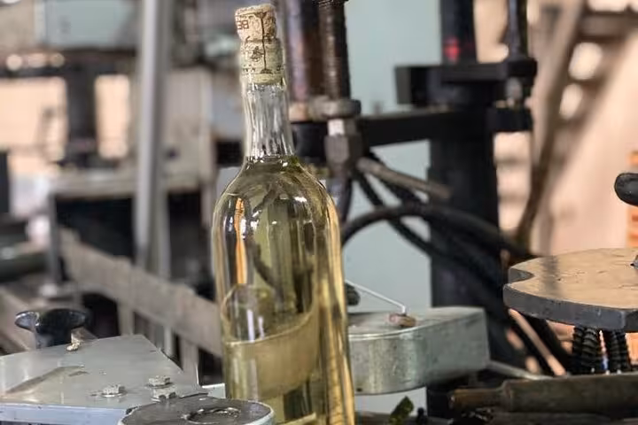 Close-up of a white wine bottle ready for tasting at a winery in Berat.
