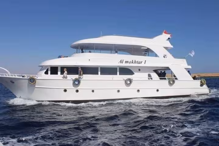 White yacht cruising the Red Sea on White Island and Ras Mohammed boat trip from Sharm El Sheikh with lunch