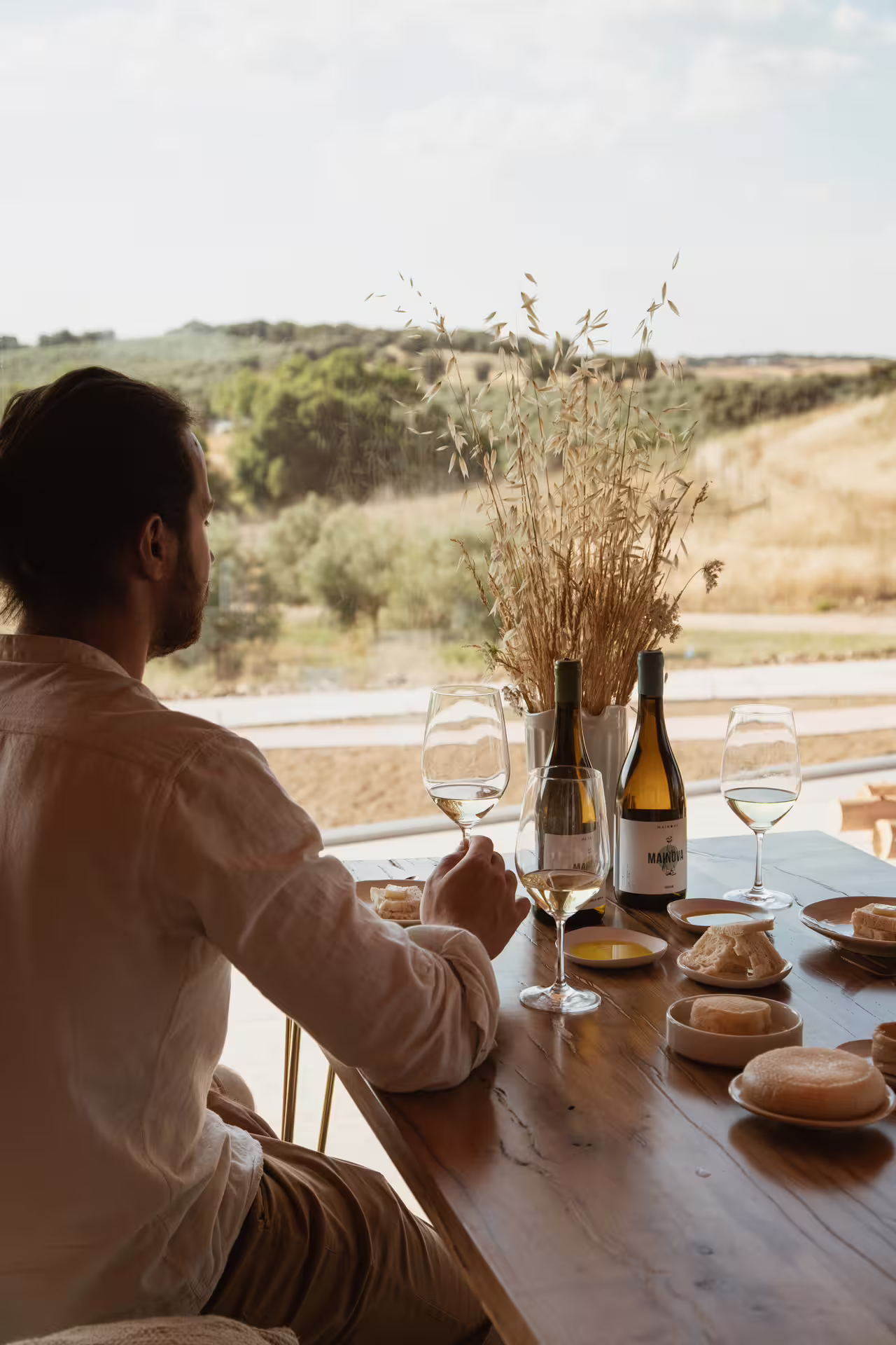Man enjoying wine and cheese tasting overlooking scenic vineyard landscape, highlighting superior wine tour experience.