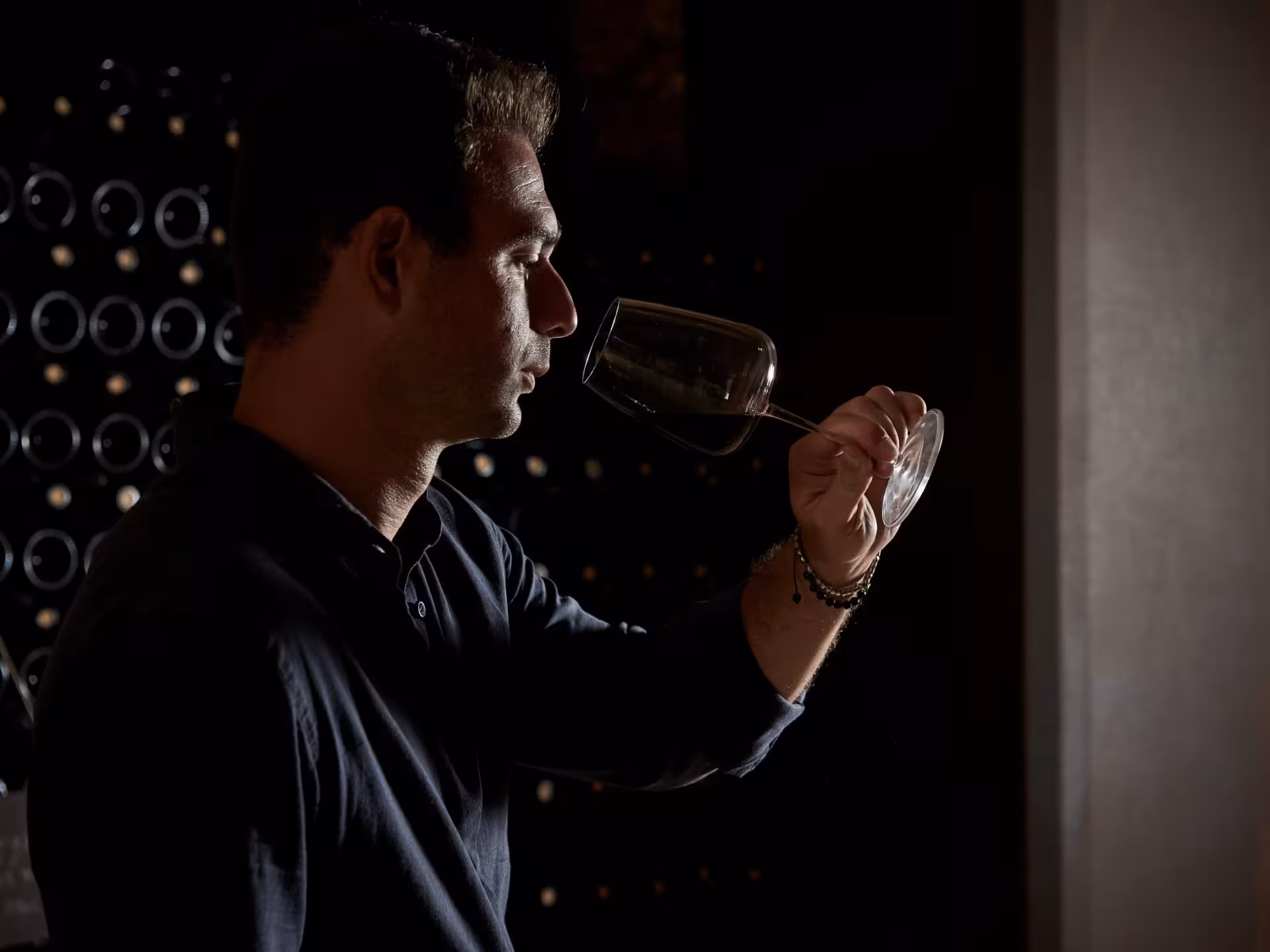 Expert examines wine glass in dimly lit Bari wine tasting room, highlighting aroma and quality.