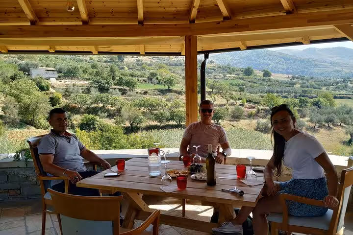 Guests enjoying a wine tasting under a wooden gazebo with panoramic views of Berat's lush vineyards.