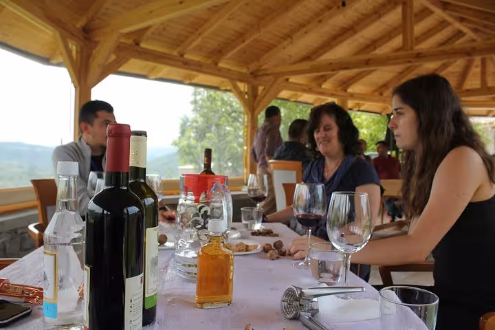 Visitors enjoying wine tasting with a scenic view at a rustic pavilion in Berat, showcasing local wines and spirits.