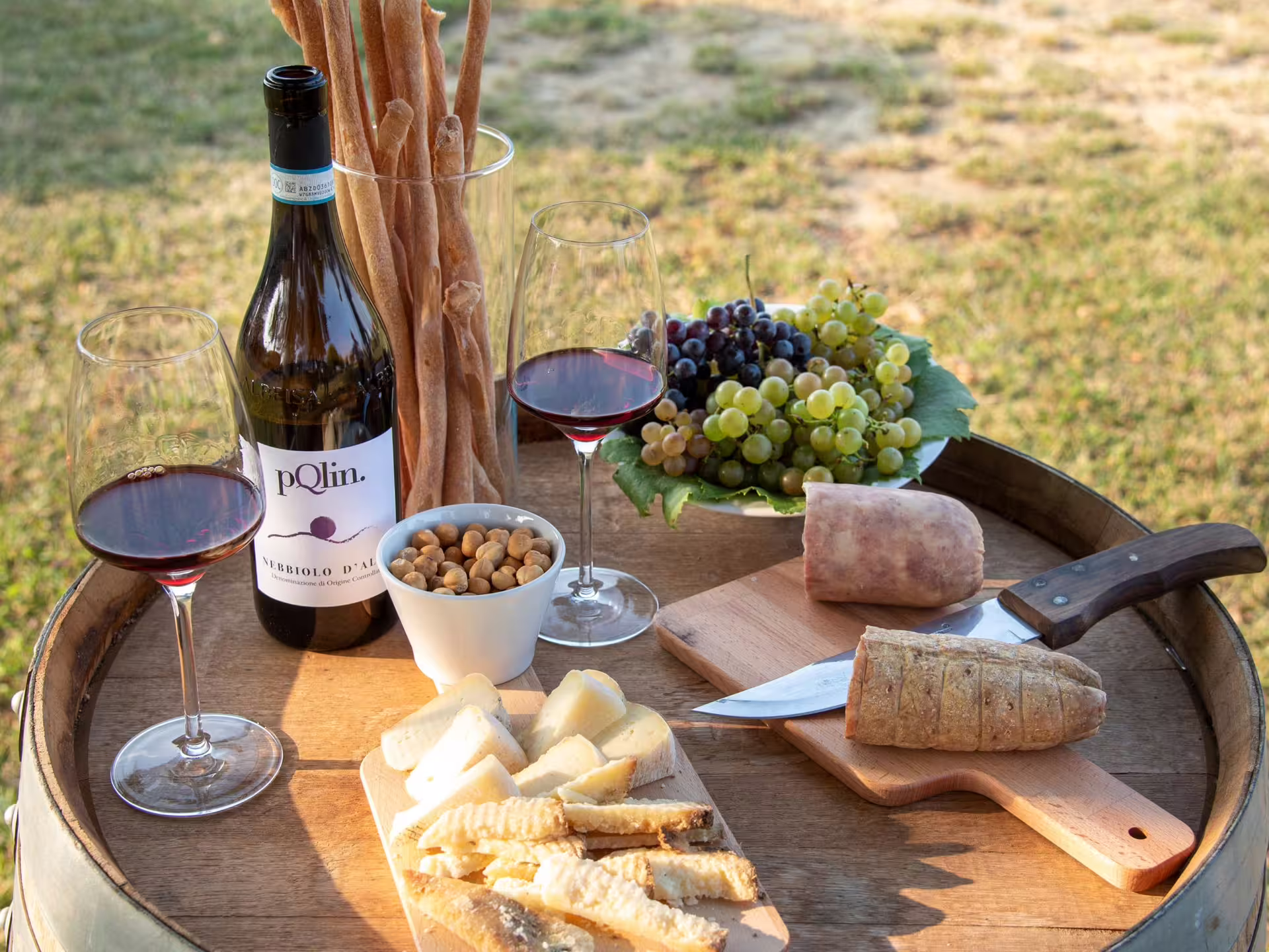 Enjoy a rustic wine tasting with Nebbiolo d'Alba, cheese, breadsticks, and grapes in the scenic Langhe region.