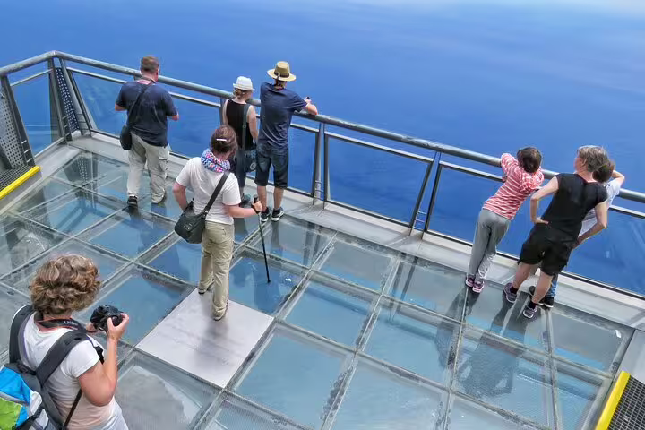 Visitors marvel at the breathtaking ocean view from a glass skywalk, part of the wine and adventure tour experience.