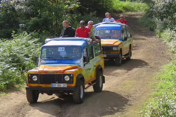 Off-road 4x4 vehicles navigate a scenic forest trail during an adventurous wine tour and tasting experience with skywalk highlights.