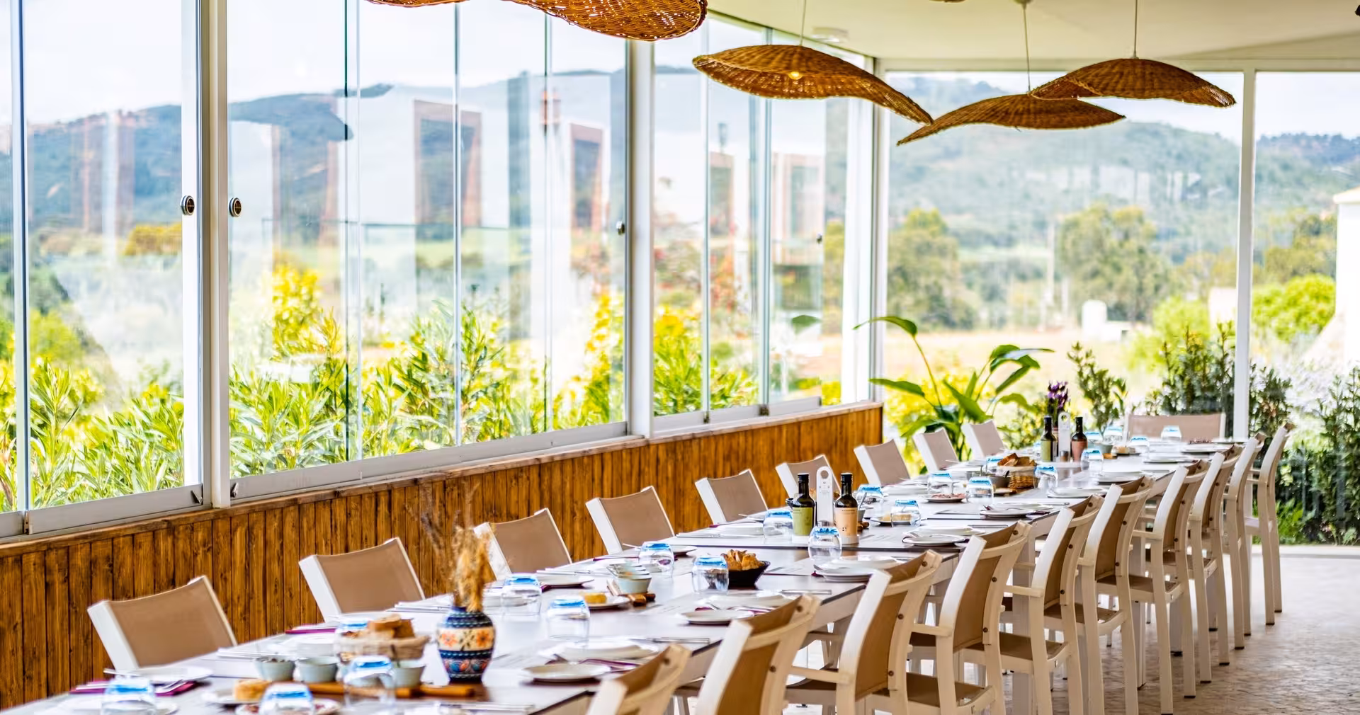 Sunlit winery restaurant with long table set for tasting, overlooking vineyards and rolling hills on a Wine & Nature Escape