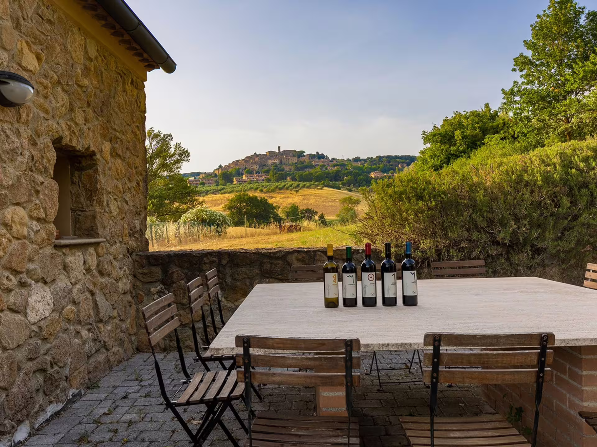 Scenic vineyard view with wine bottles on a rustic table near Livorno and Pisa, perfect for wine tasting tours.