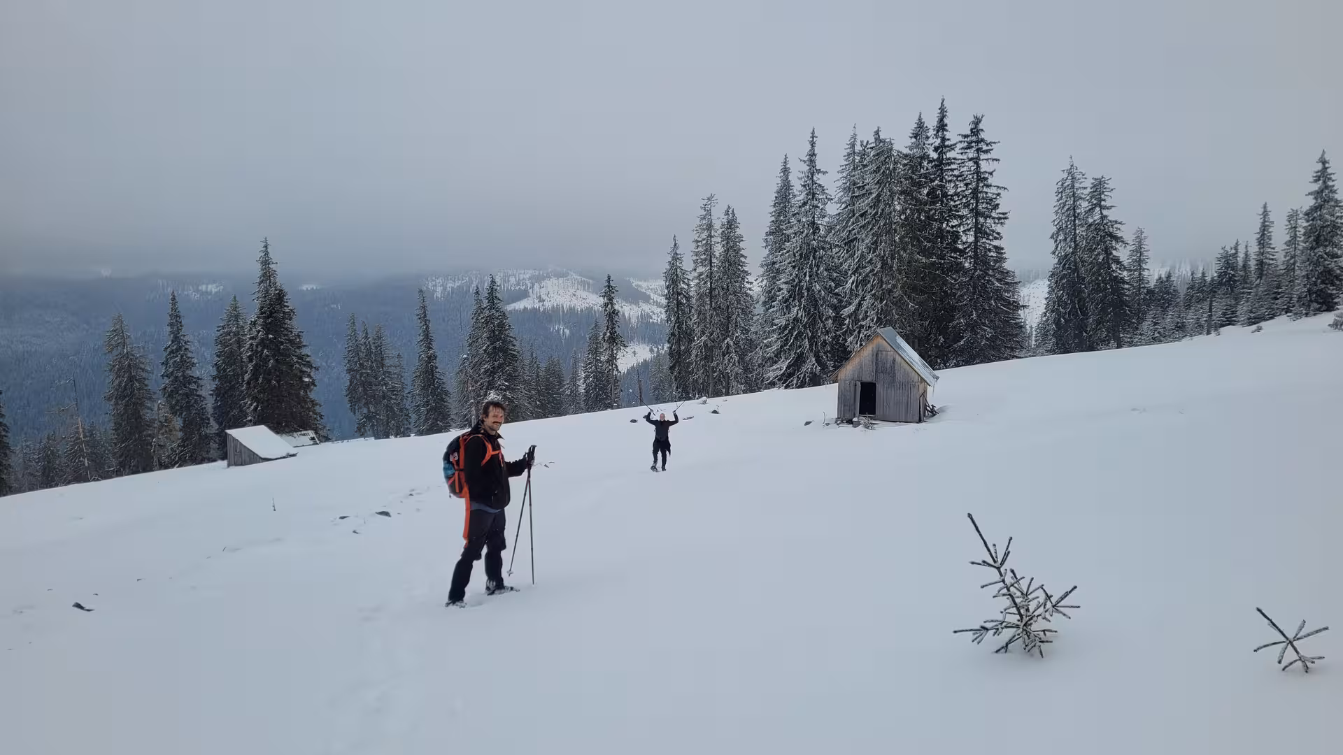 Two hikers snowshoeing on snowy mountain slope near wooden shelter with snow-covered pine trees in Apuseni
