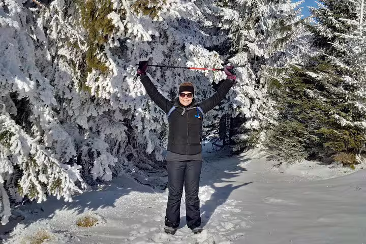 Hiker celebrating with arms raised on snowy trail surrounded by frost-covered pine trees in Piatra Craiului