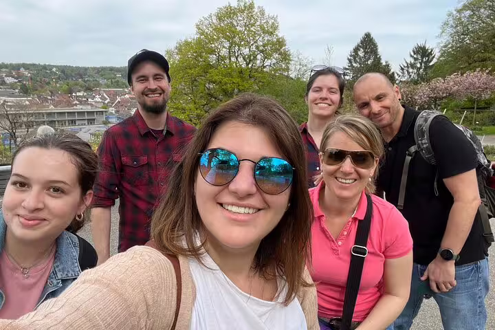 Friends selfie at scenic overlook in Winterthur during a self-guided scavenger hunt and city sights tour