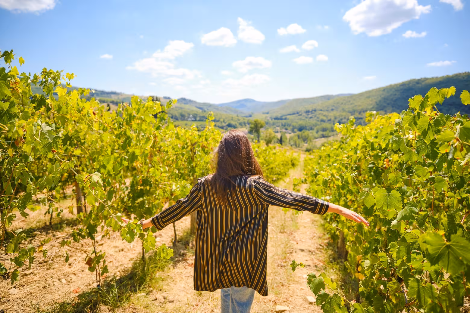 Woman enjoying a sunny stroll through lush vineyards in the Chianti wine region near Florence.