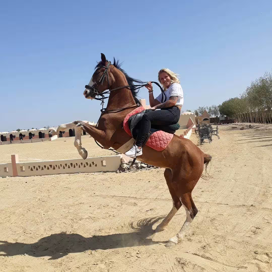 Woman riding a rearing horse on Marsa Alam horseback tour, desert arena experience with trained guide