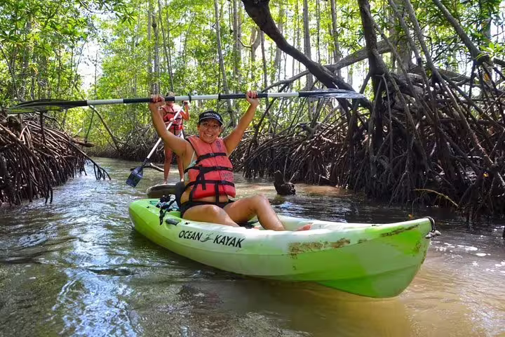 Woman joyfully kayaking through dense mangrove forest, highlighting an exciting and scenic adventure tour.