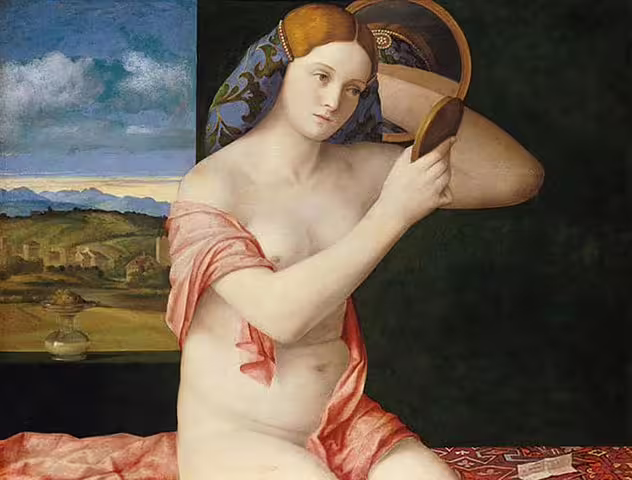 Classic painting of a woman gazing into a mirror, illustrating beauty and reflection, part of the Art History Museum tour.