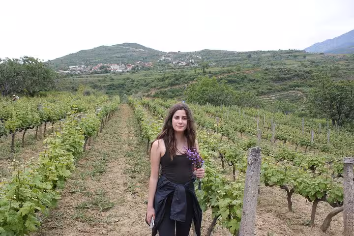 Woman holding flowers in a scenic vineyard during a wine tasting tour in Berat, highlighting lush green landscapes.