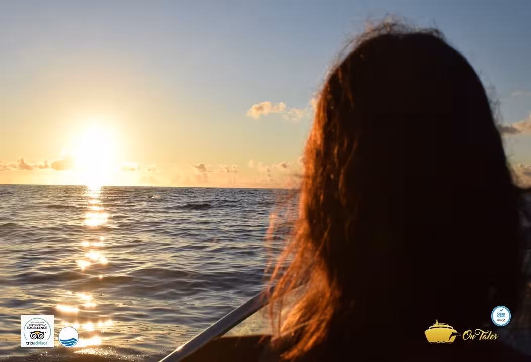 Woman admiring a stunning ocean sunset from a yacht, capturing the essence of a private sunset cruise experience.