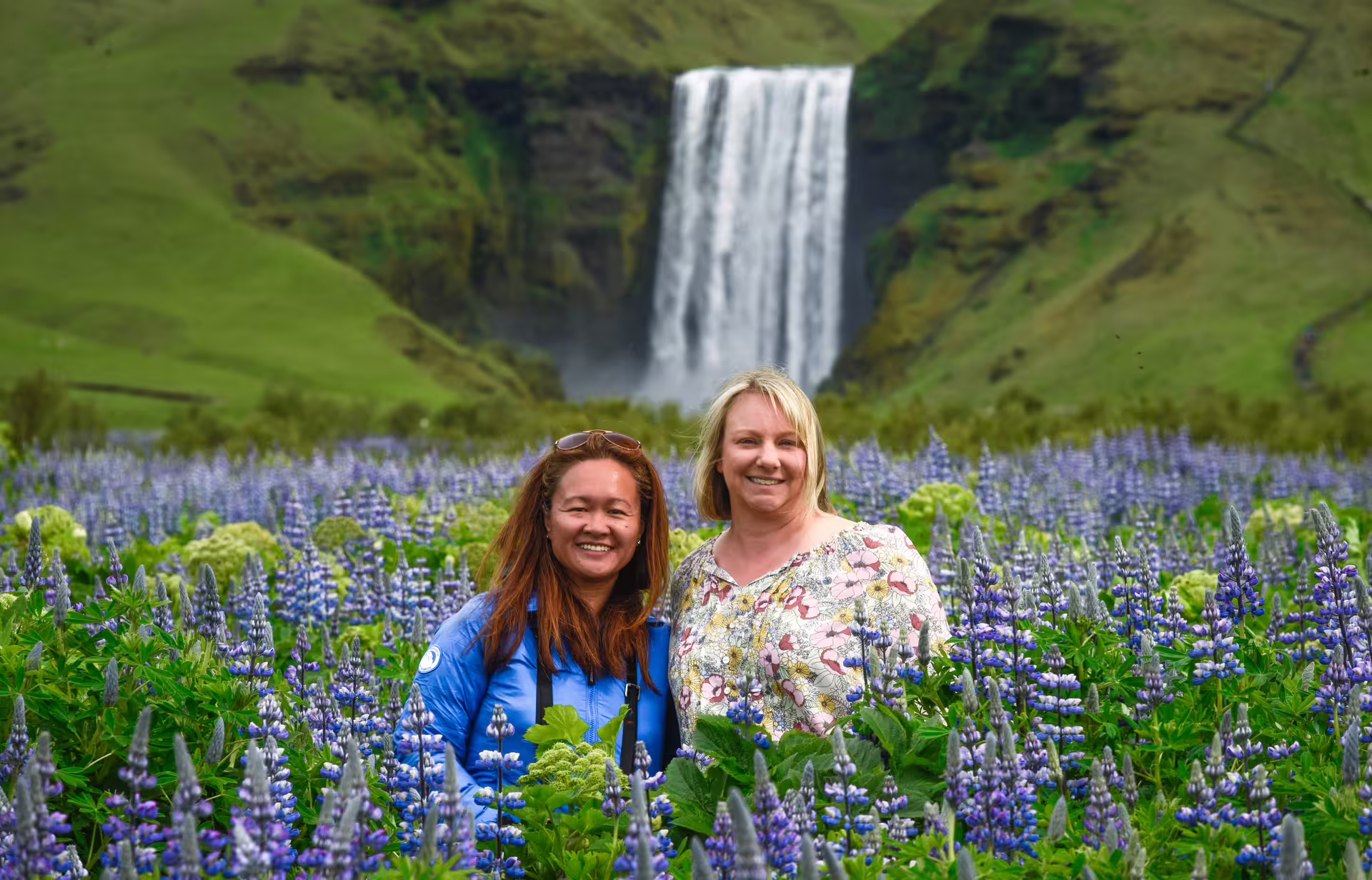 Two smiling women surrounded by purple lupine flowers with Skogafoss waterfall on Iceland South Coast tour