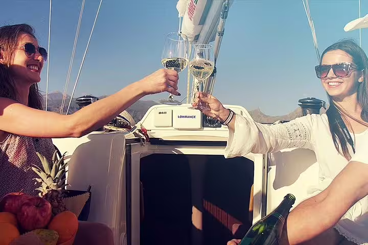 Two women toasting with wine glasses aboard a yacht, enjoying a sunny Puerto Colón dolphin watching tour.