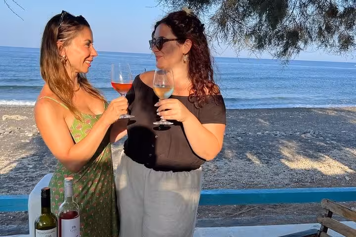 Two women toast seaside wines during private wine tasting tour with wine museum visit and snack pairing