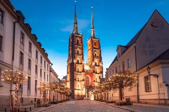 Wroclaw Cathedral at night on Ostrow Tumski, must-see landmark on a self-guided scavenger hunt tour