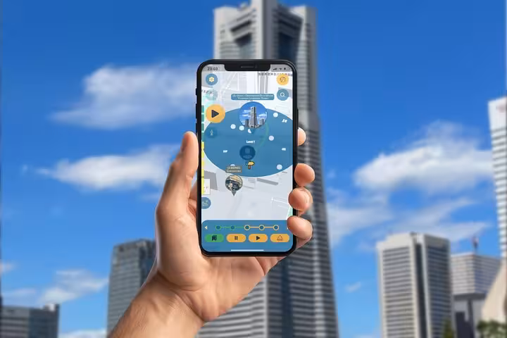 Hand holding smartphone displaying GPS walking tour app with map overlay and Yokohama skyline in background