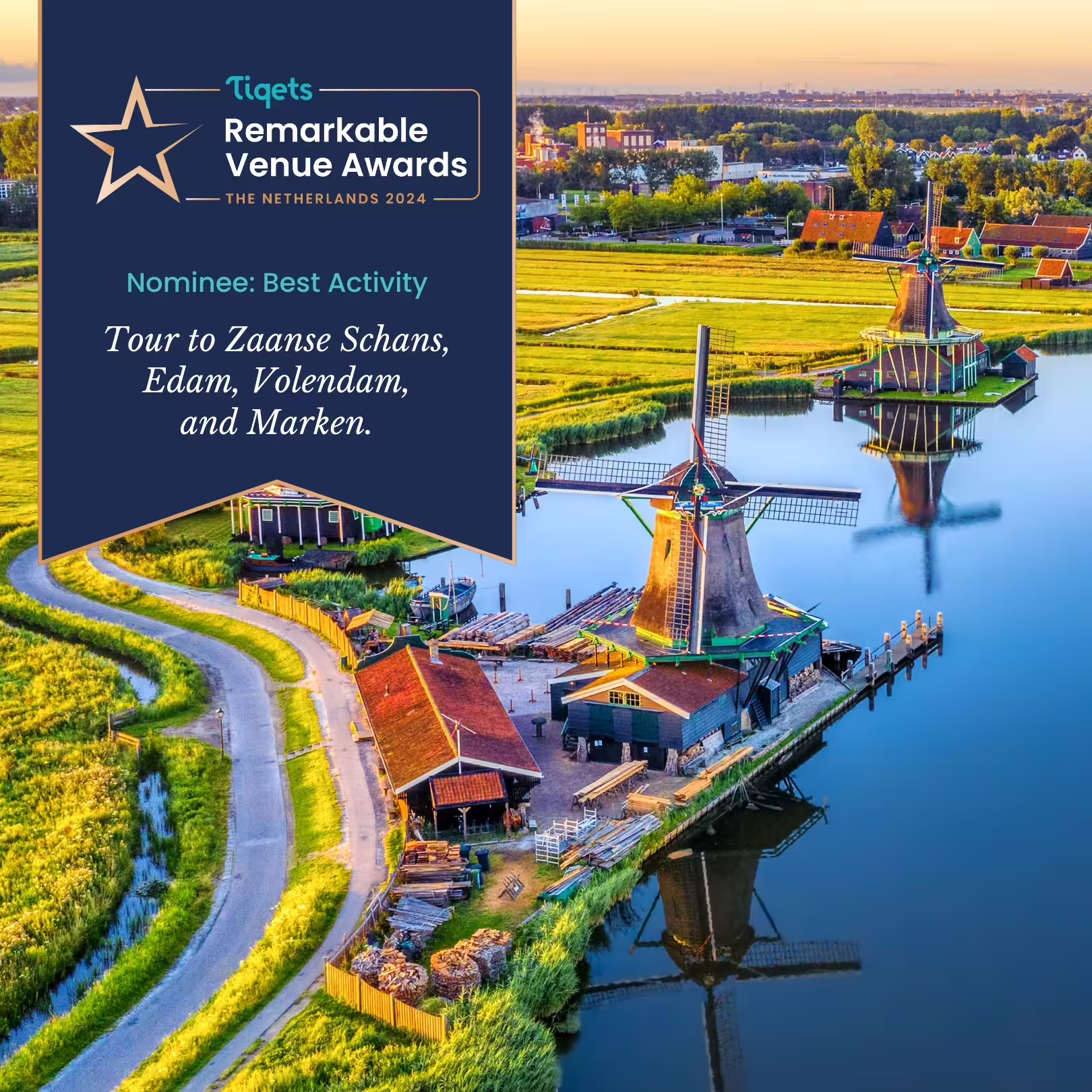 Aerial view of iconic windmills at Zaanse Schans with lush green fields and waterways, highlighting a tour of Edam, Volendam, and Marken.