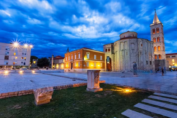 Zadar Old Town at dusk with St Donatus Church and bell tower, end of Zagreb to Zadar Plitvice tour