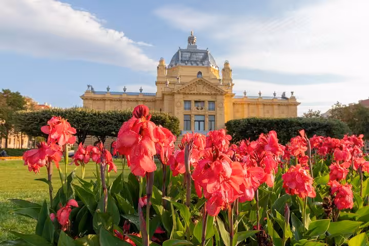 Spring flowers in front of Zagreb Art Pavilion, scenic stop on 3-day Dubrovnik Mostar Split itinerary