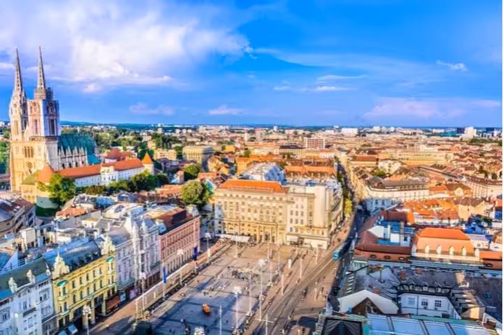 Panoramic Zagreb city center with Ban Jelačić Square and Cathedral, private day tour from Vienna