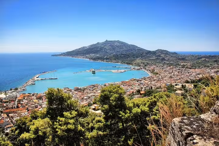 Scenic Zakynthos town and harbor panorama from hillside viewpoint, a highlight of southern half-day tour