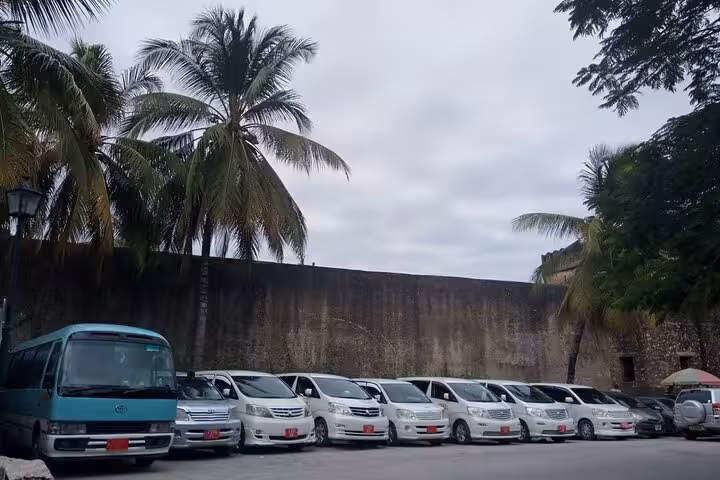 Fleet of shuttle vans parked under palm trees for Zanzibar airport transfers and island shuttles.