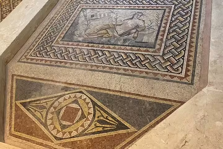 Detailed Zeugma mosaic panel in Gaziantep museum, cultural highlight of 10-day private Turkey tour
