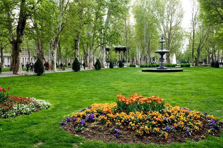 Zrinjevac Park lawns, flowerbeds and fountain stop on Zagreb BIG Tour, green oasis in city center