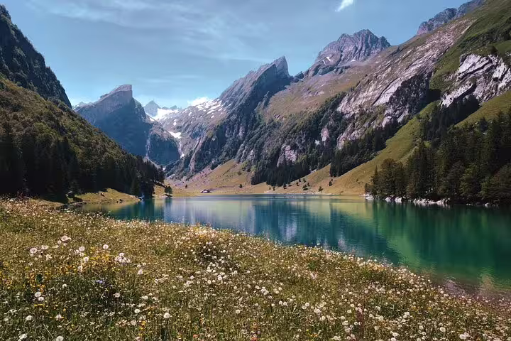 Turquoise alpine lake surrounded by wildflower meadows and snow-capped mountains near Zürich, Switzerland