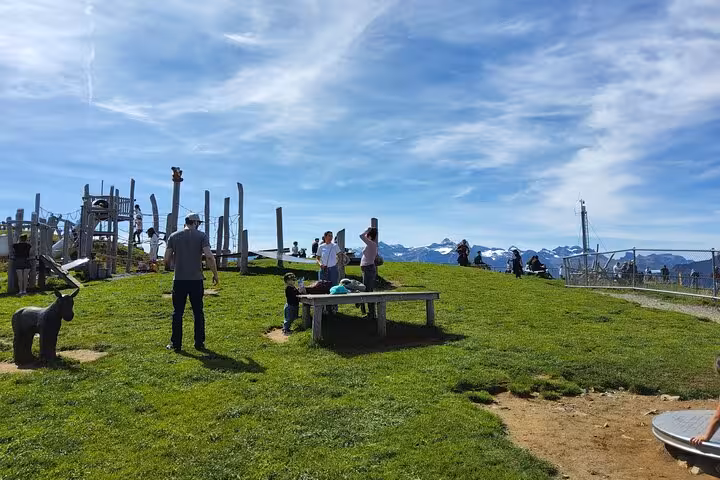 Families relax at Rigi Kulm viewpoint on Zurich day trip, with Swiss Alps panorama and picnic bench