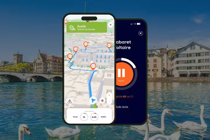Zurich self-guided walking tour app showing map navigation and audio commentary for Cabaret Voltaire