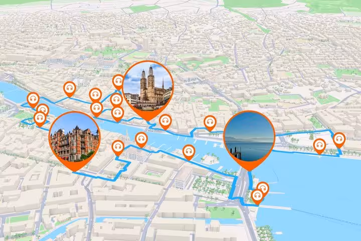 3D map of Zurich self-guided walking tour route with orange audio commentary pins marking 20 landmarks
