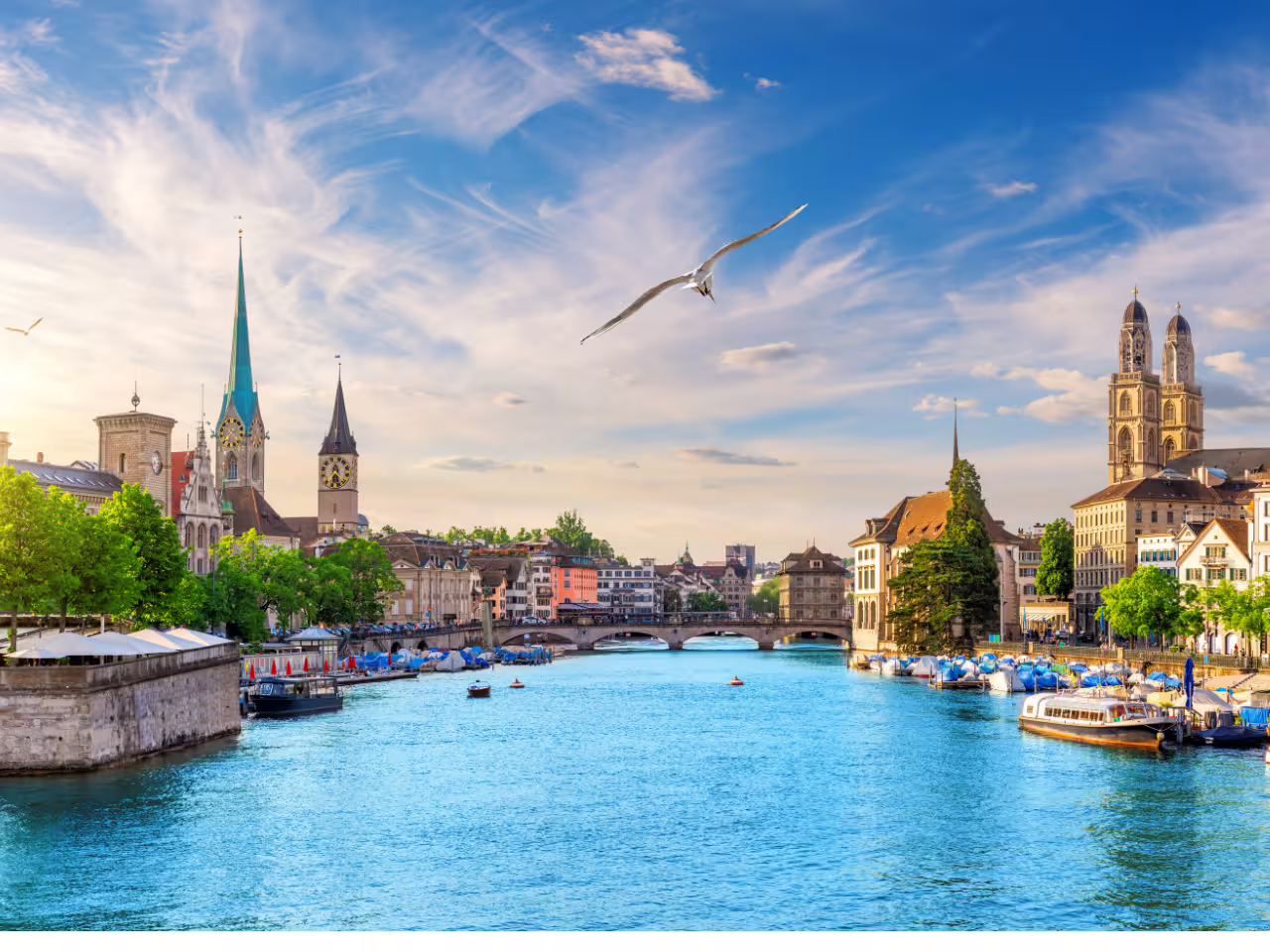Breathtaking view of Zurich's skyline with historic churches and the Limmat River under a clear blue sky.